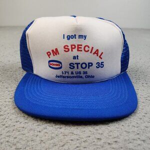 Vintage Trucker Hat Snapback Cap Stop 35 Jeffersonville, Ohio Blue White Rope